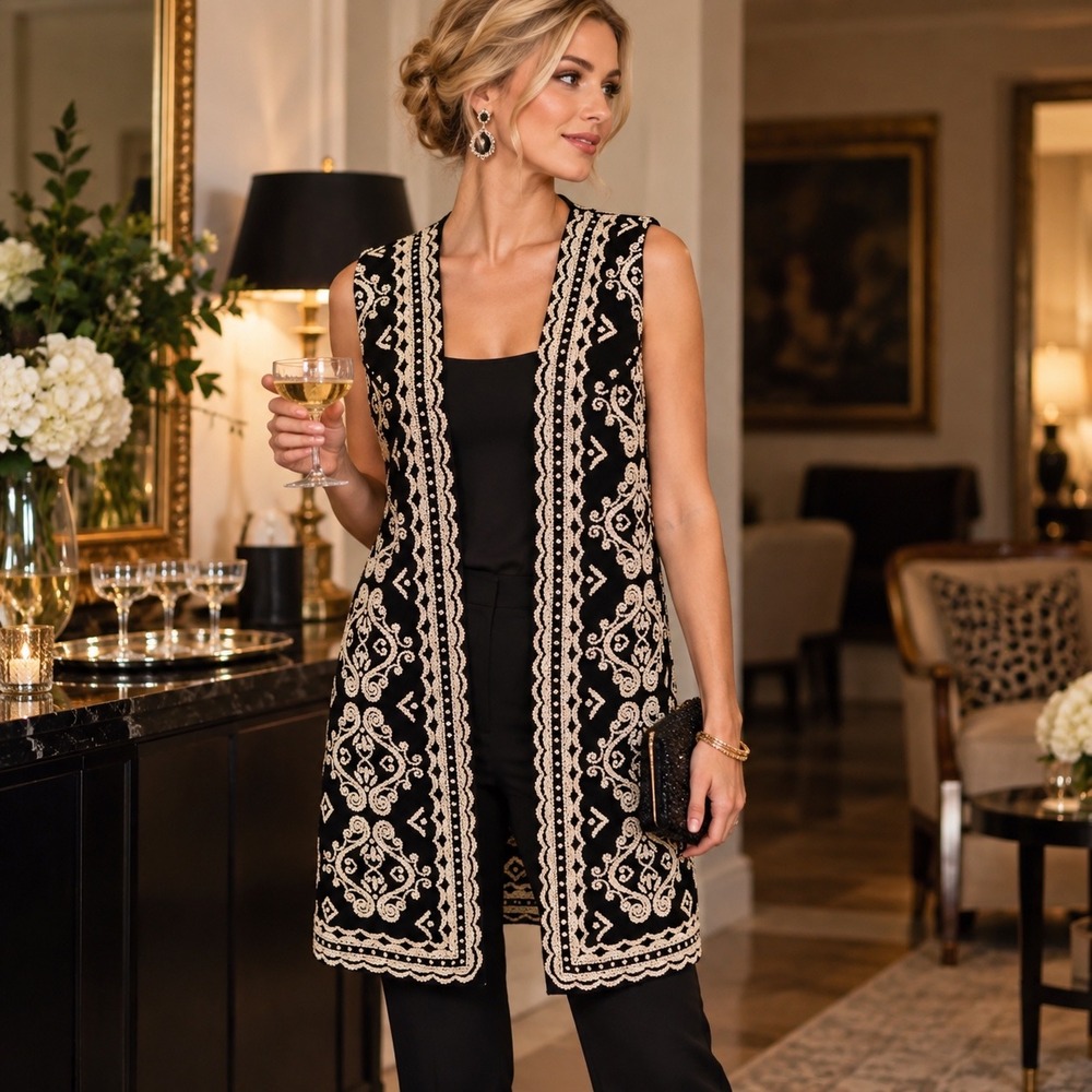 Vintage Baroque Beaded Long Vest Sony Pictures Studio Wardrobe Black Ivory M Est